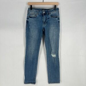 Bebe Heartbreak Skinny Jeans Womens 27 Blue Denim Cotton Stretch Logo Distressed
